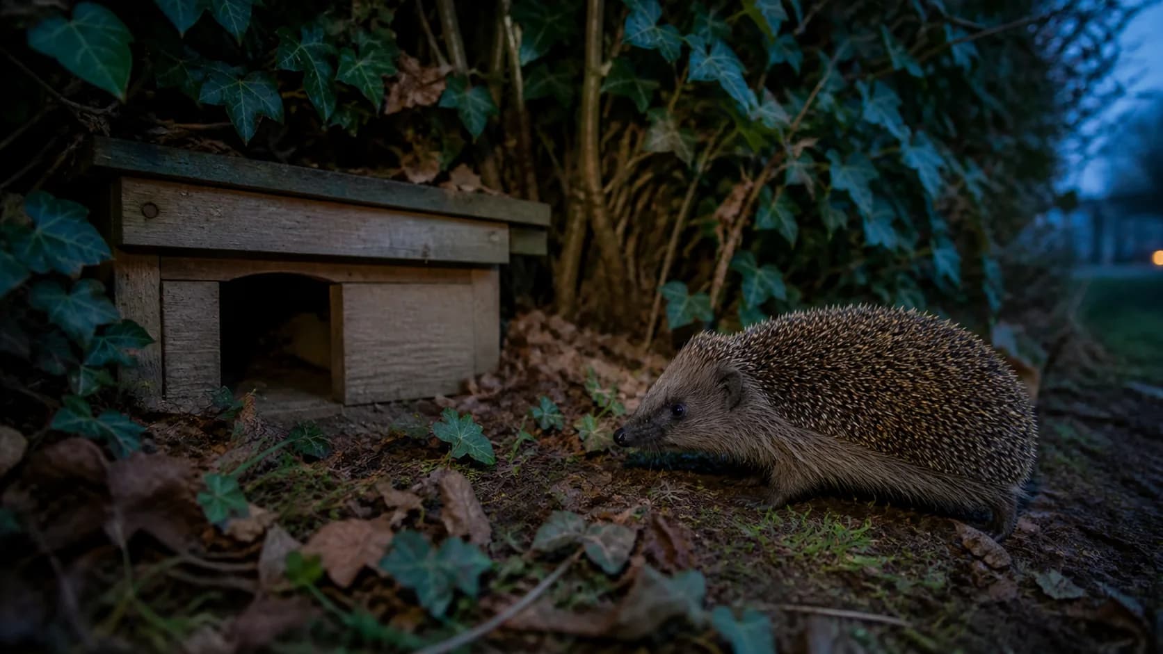 Europäischer Igel vor einem geschützten Holzhaus unter einer dichten Hecke